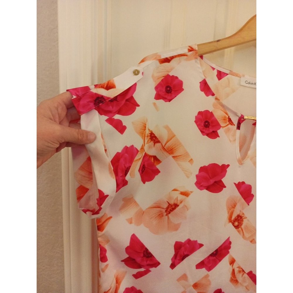 Women's Calvin Klein Ivory Blouse Pink Floral Print With Spellout Size Large - Picture 4 of 10
